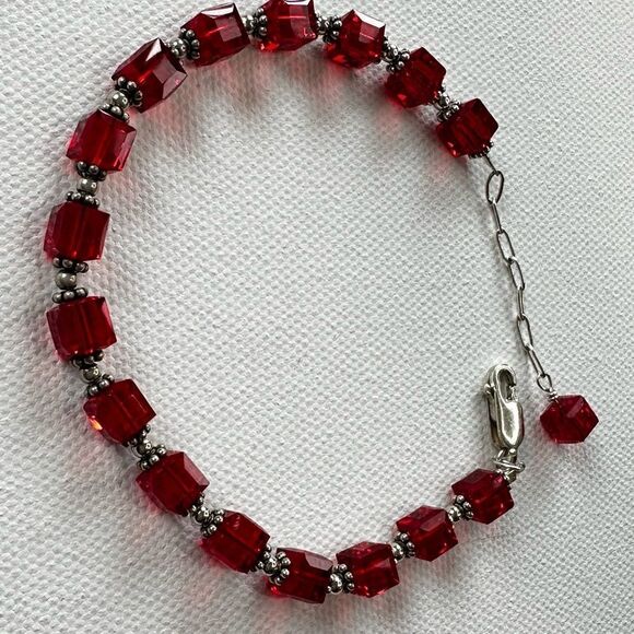 Vintage Sterling Sliver Swarovski Ruby Crystal Necklace, Bracelet & Earrings Set - Picture 4 of 9